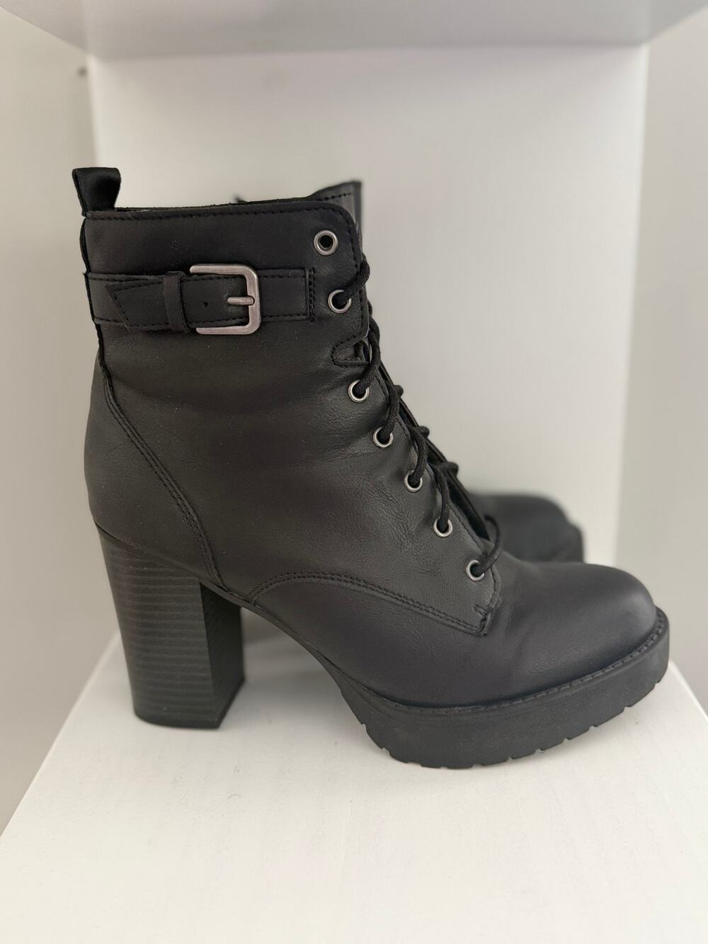 Women's Black Leather Chunky Heel Combat Ankle Boots Lug Sole